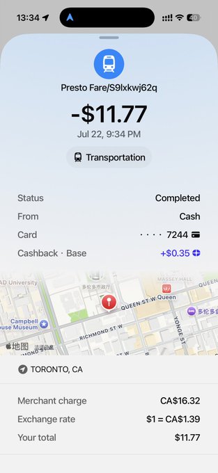 A phone screenshot of a Presto Fare transaction for -$11.77 from a Toronto transit card ending in 7224, dated Jul 22, showing a map near Queen St W and Richmond St W.