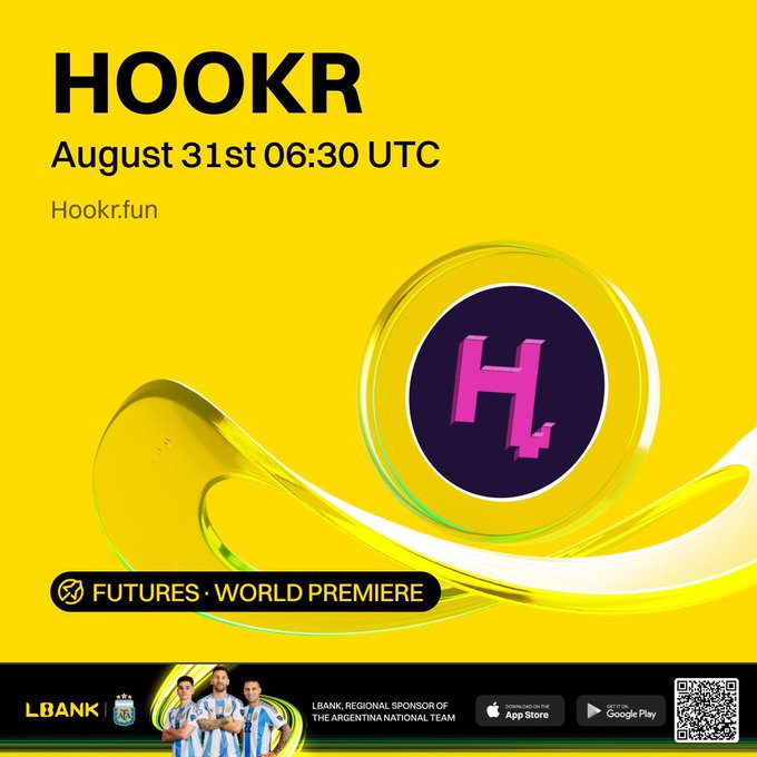 A promotional graphic for HOOKR with launch details 'August 31st 06:30 UTC' and 'FUTURES · WORLD PREMIERE,' featuring the Hookr.fun website and sponsorship by LBANK as a regional sponsor of the Argentina National Team.