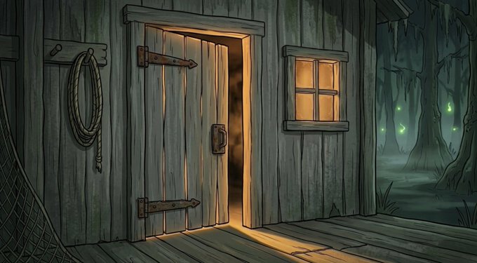 A digital illustration of a rustic wooden cabin door slightly ajar, revealing warm light from within, alongside a small window glowing orange and a rope hanging on the wall, set in a nighttime forest scene.