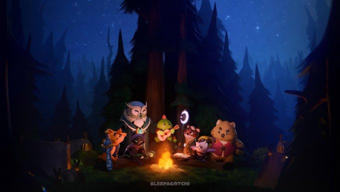 The image features a group of cartoon animals gathered around a campfire under a starry night sky. The animals include an owl, a bear, a raccoon, and a rabbit. They are sitting around the fire, enjoying each other's company and sharing stories. The scene is set in a forest with trees surrounding them, creating a cozy atmosphere for their gathering.