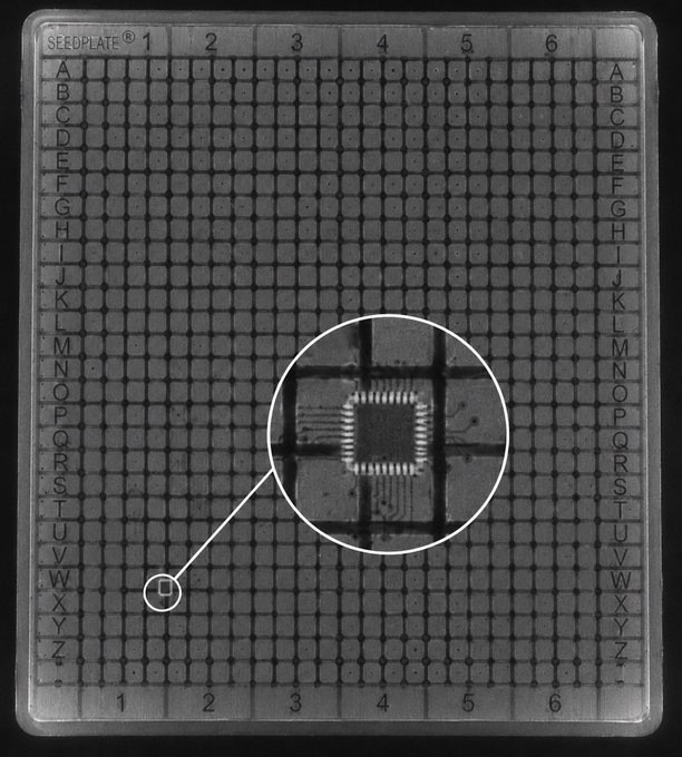 A grayscale image of a "SEEDPLATE" with an alphanumeric grid (A-Z, 1-6), featuring a zoomed-in circular inset showing a microchip with connection pins.