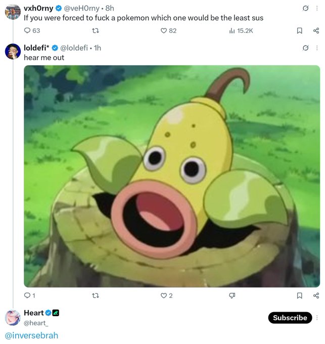 A Twitter/X screenshot showing a post by "loldefi" replying to "vxh0rny" with an image of the Pokémon Weepinbell, captioned "hear me out" in response to the question about which Pokémon would be the least sus. The joke fits the "hear me out" meme format, treating the silly plant-creature as a serious answer to an absurd hypothetical.