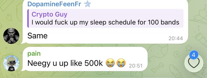 This Telegram chat shows "Crypto Guy" discussing "100 bands" and "pain" mentioning "Neegy u up like 500k," relating to the $cate ticker's significant gain.