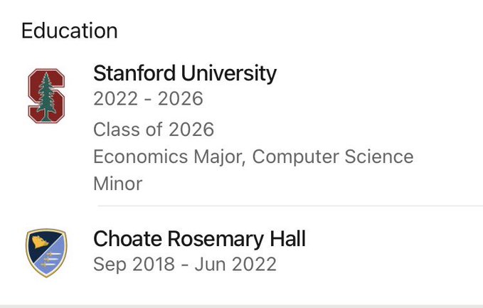 The image shows an "Education" section listing Stanford University (Class of 2026, Economics major with Computer Science minor, 2022-2026) and Choate Rosemary Hall (Sep 2018-Jun 2022). It directly contradicts the post's claim about San Francisco being a "deep meritocracy" where people don't care where you went to school, as the resume itself highlights attendance at two elite institutions (one of the most selective universities and one of the most prestigious prep schools in the country) as a notable qualification.