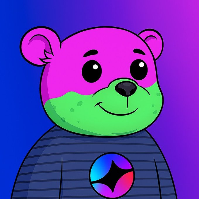 A cartoon bear character with a pink face and green mouth, wearing a striped shirt featuring a colorful star emblem, set against a blue and purple gradient background. The image serves as a mascot-style avatar accompanying a cryptic teaser post about a mysterious "Secgen" being poised for a 100x gain, with no timeline or further details provided.