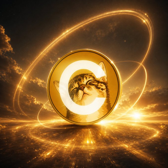 A digital artwork depicting a cat inside a glowing golden coin-like circle with a stylized 'C' shape, surrounded by swirling golden light trails against a cloudy sky background.