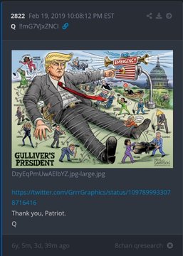 A political cartoon by G.N. Grenier titled 'Gulliver's President' depicts Donald Trump as Gulliver being tied down by small figures, with a message in a 4chan thread dated February 19, 2019.