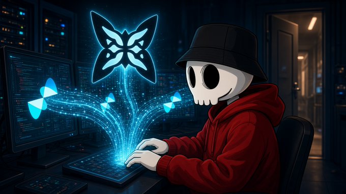 A digital illustration depicts a hooded skull-faced hacker working at a computer, with glowing blue butterfly and propeller symbols emerging from the screen in a dark server room setting.
