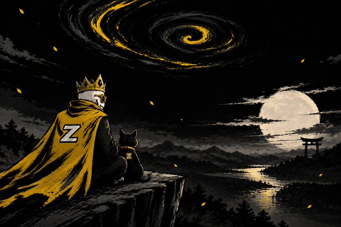 An illustrated artwork of a crowned figure with a 'Z' emblem on their yellow cloak sitting beside a cat, gazing at a swirling yellow galaxy and full moon over a moonlit landscape with a torii gate.
