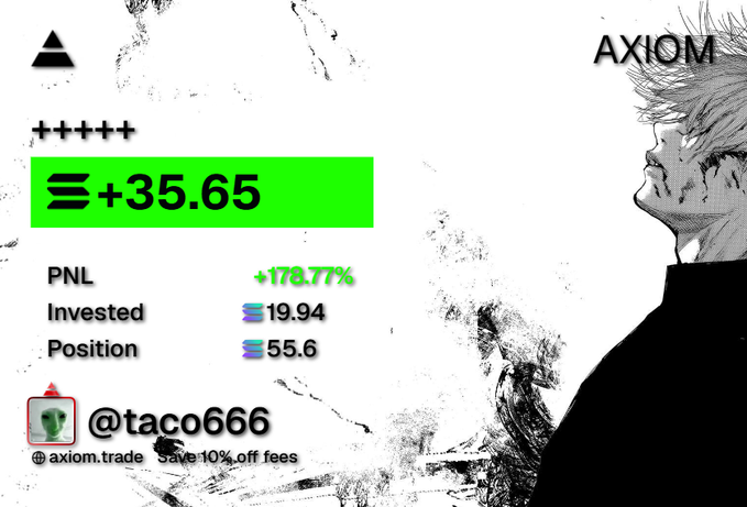 A trading platform graphic for Axiom showing a +35.65 profit, +178.77% PNL, with invested amount of 19.94 and position of 55.6, branded with @axiom.trade and @taco666.