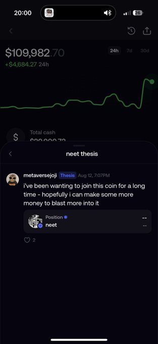 A mobile screenshot showing a crypto portfolio displaying $109,982.70 with a +$4,684.27 24h gain, overlaid with a FOMO post by @metaversejoji titled "neet thesis" where he expresses wanting to join the $neet coin to blast more money into it, aligning with the post's thesis about the $neet token delivering life-changing returns.