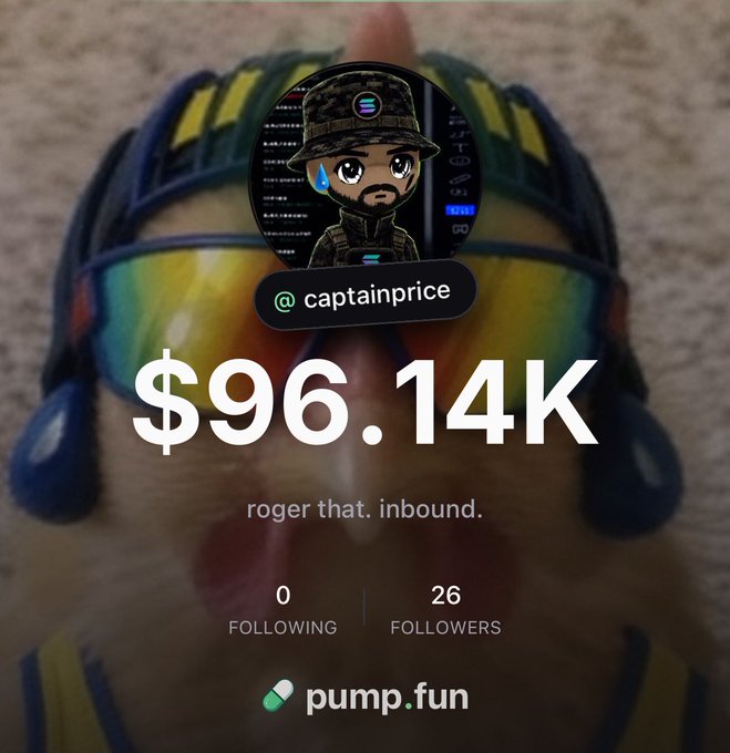 A profile screen for '@captainprice' on the pump.fun platform showing a cartoon avatar with a tear, a balance of '$96.14K', and '0 Following' with '26 Followers' over a blurred background of a fish wearing sunglasses.