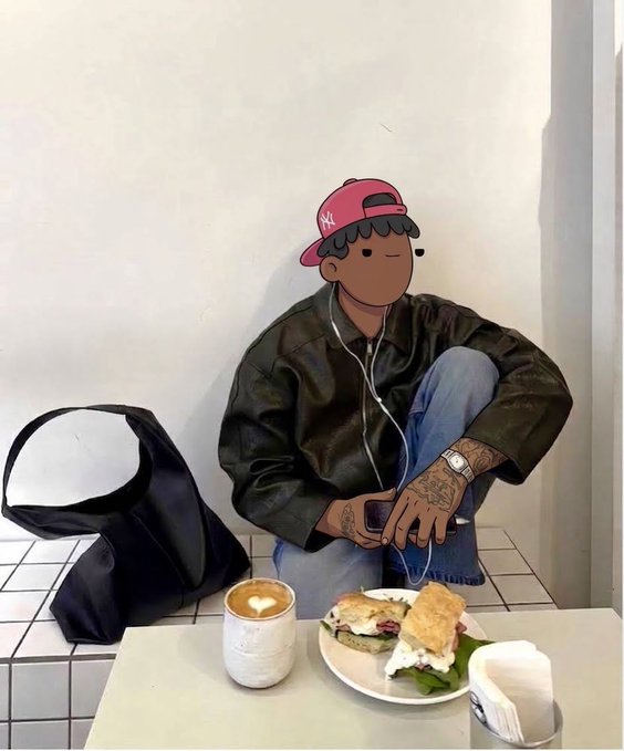 A cartoon character wearing a pink cap, black leather jacket, and jeans sits at a tiled table with a latte and a plate of pastries, with illustrated ears, necklaces, and tattoos overlaid on the photo.