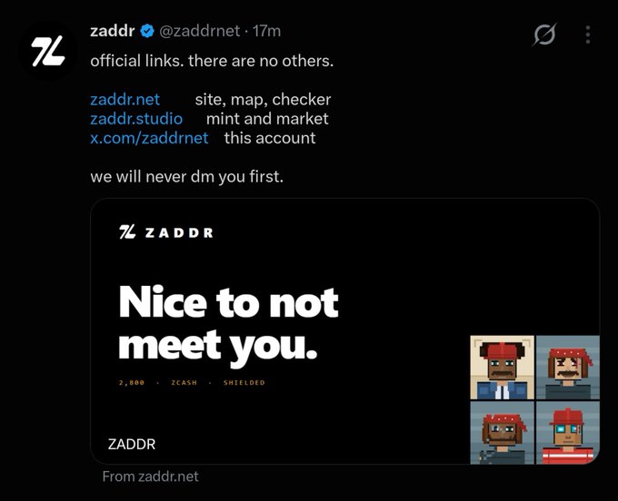 A tweet from verified account @zaddrnet listing official links (zaddr.net, zaddr.studio, x.com/zaddrnet) warning that they will never DM first, alongside a 'Nice to not meet you' ZADDR/ZCASH NFT image.