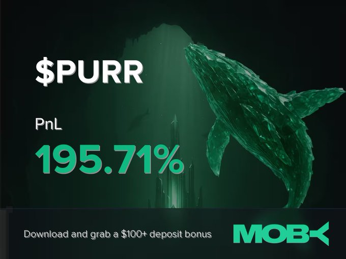 A promotional graphic for a cryptocurrency token named '$PURR' showing a '195.71%' profit/loss percentage alongside an underwater image of a whale, with a 'MOBX' logo.