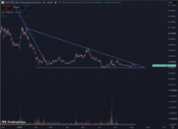 TradingView chart for POPCATUSDT Perpetual Contract on Bybit showing a descending triangle pattern with the price at 0.04350, displaying price action from late 2025 through 2026.