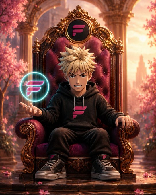 Anime-style illustration of a spiky blonde-haired boy in a black hoodie sitting on an ornate red velvet throne holding a glowing 'F' logo, with cherry blossoms in the background.