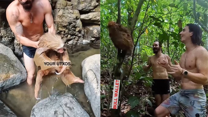 The image shows two different scenes, one with a man standing in water next to rocks while another scene depicts a man talking to someone else who is sitting on a rock. The first scene has a caption that reads "Your UTXOS", which might be related to the wallet or an advertisement for a product. The second scene features a man wearing shorts and talking to another person, possibly discussing their experiences in the jungle.