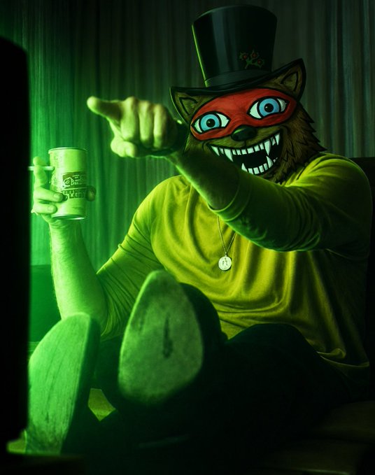 An anthropomorphic werewolf character wearing a top hat and red domino mask points forward while holding a can in a green-lit room.