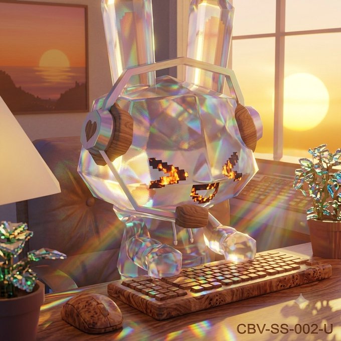 A 3D illustration of a transparent, crystalline robot character with pixelated orange eyes, sitting at a wooden desk with a keyboard, mouse, and crystal plants, with a sunset visible through a window behind it. Text reads 'CBV-SS-002-U'.