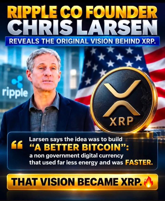 A promotional graphic featuring Ripple co-founder Chris Larsen with text headlines 'RIPPLE CO FOUNDER CHRIS LARSEN REVEALS THE ORIGINAL VISION BEHIND XRP', alongside an image of an XRP coin and an American flag.