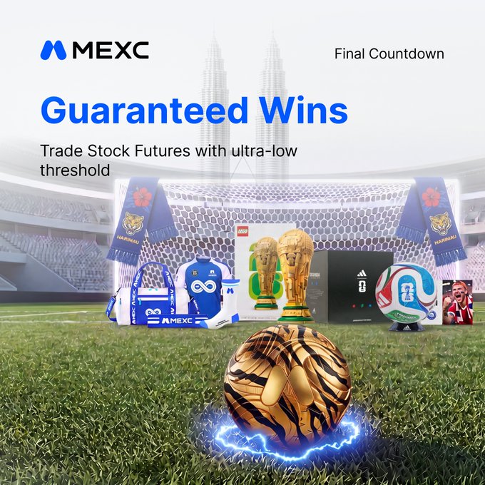 A promotional MEXC advertisement for a "Final Countdown - Guaranteed Wins" campaign features a golden soccer ball with blue electric effects on a stadium field, with various football collectibles including scarves with "HARIMAU" text, World Cup trophy replicas, a soccer ball, jerseys, and figurines displayed in front of a goal net. The campaign encourages users to trade Stock Futures with an "ultra-low threshold" to earn football-themed rewards.