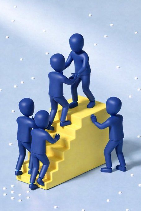 A group of blue 3D figures help each other climb a yellow staircase, with one at the top extending a hand to pull others up—symbolizing how shared, unpolished experiences lift the whole group higher. The imagery mirrors the post's message that raw, collective lessons foster growth more than a single person's impressive story.