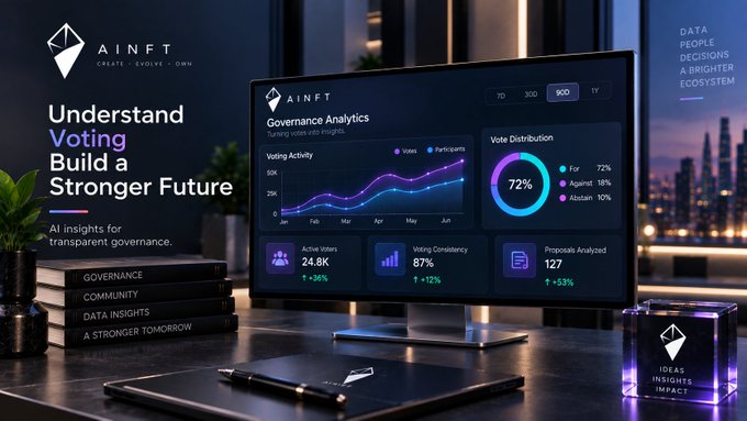 A promotional graphic for AINFT featuring the text 'Understand Voting, Build a Stronger Future' alongside 3D-rendered holographic charts showing governance analytics and a 72% vote distribution.