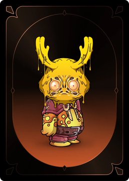A digital illustration of a stylized, cartoonish creature with a yellow dripping head and antlers, wearing a pink outfit, set against a dark background in an ornate frame.