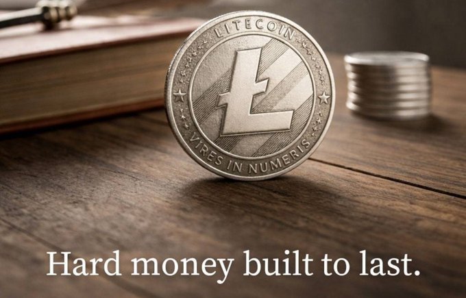 A close-up photograph of a physical Litecoin coin bearing the inscriptions 'LITECOIN' and 'VIRES IN NUMERIS' resting on a wooden surface next to a stack of silver coins, with the tagline 'Hard money built to last.'