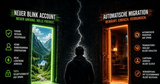 A dramatic German-language promotional graphic titled 'NEUER BLINK ACCOUNT' and 'AUTOMATISCHE MIGRATION' showing a figure facing two glowing doorways, one green (nature scene) and one orange (cozy interior).