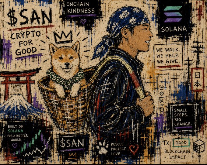 A street-art style mural promoting the cryptocurrency $SAN, featuring a person in a bandana carrying a crowned Shiba Inu dog in a basket, alongside text such as 'CRYPTO FOR GOOD', 'SOLANA', 'ONCHAIN KINDNESS', 'WE WALK. WE HELP. WE GIVE.', and 'SMALL STEPS. BIG CHANGE.' against a backdrop of Mt. Fuji and a torii gate.