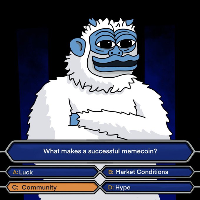A 'Who Wants to Be a Millionaire?' style game show graphic featuring a white gorilla mascot and the question 'What makes a successful memecoin?' with 'C: Community' highlighted as the answer.