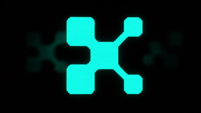 A glowing cyan logo resembling a circuit board or geometric design is displayed against a black background.