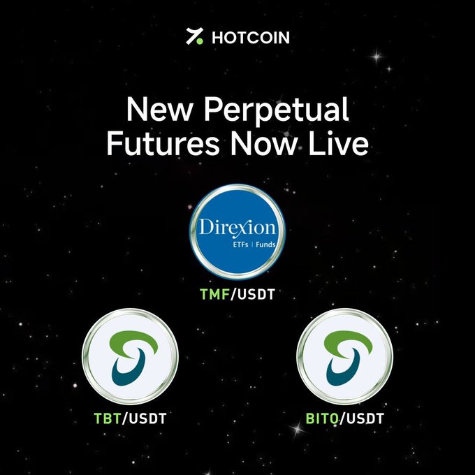 A Hotcoin promotional graphic announcing new perpetual futures now live, featuring the Direxion logo for TMF/USDT and circular icons for TBT/USDT and BITQ/USDT against a starry black background, directly highlighting the three new markets mentioned in the post launching on July 28 with up to 25× leverage.