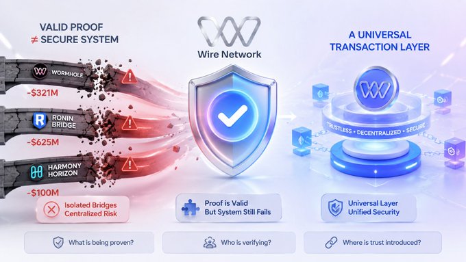 The image is a marketing graphic for "Wire Network" titled "VALID PROOF ≠ SECURE SYSTEM" and "A UNIVERSAL TRANSACTION LAYER," showing three failed bridges—Wormhole (-$321M), Ronin Bridge (-$625M), and Harmony Horizon (-$100M)—labeled as "Isolated Bridges, Centralized Risk," contrasted against the Wire Network's "Universal Layer, Unified Security" with the tagline "TRUSTLESS • DECENTRALIZED • SECURE."

The graphic visually supports the argument by illustrating how each exploit (Wormhole, Ronin Bridge, Harmony Horizon) occurred despite valid cryptographic proofs, reinforcing the post's point that correct transaction verification doesn't guarantee systemic security in isolated cross-chain bridges.