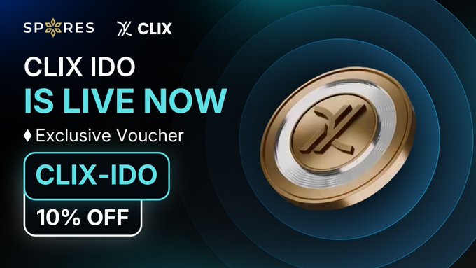 A promotional banner for a CLIX IDO (Initial DEX Offering) featuring a gold and silver coin with the CLIX logo, advertising an exclusive voucher code 'CLIX-IDO' for 10% off on the SPORES platform.