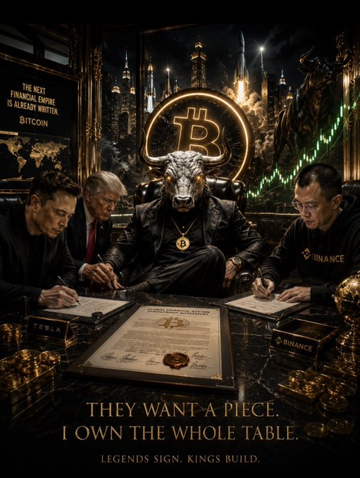 The image depicts a dark, opulent scene featuring a central figure with a bull's head wearing a leather jacket and Bitcoin medallion, flanked by Elon Musk (Tesla), Donald Trump, and Changpeng Zhao (Binance) signing documents at a table, with prominent text reading "THE NEXT FINANCIAL EMPIRE IS ALREADY WRITTEN. BITCOIN," "THEY WANT A PIECE. I OWN THE WHOLE TABLE," and "LEGENDS SIGN. KINGS BUILD." The imagery reinforces the post's theme of having conviction in Bitcoin before mainstream adoption, portraying crypto pioneers as powerful figures staking their claim on the future of finance.
