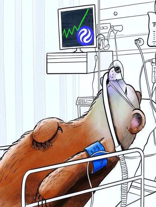 A cartoon illustration of a brown dog lying in a hospital bed with an IV and blood pressure cuff, hooked up to a monitor displaying a heartbeat and a crypto-style logo.
