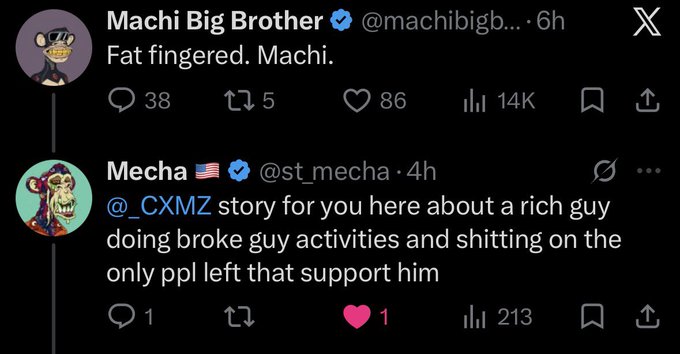 The image shows a screenshot of two X (formerly Twitter) posts: one from Machi Big Brother (@machibigb...) saying "Fat fingered. Machi." with 86 likes and 14K views, and a reply from Mecha (@st_mecha) tagging @_CXMZ and saying "@_CXMZ story for you here about a rich guy doing broke guy activities and shitting on the only ppl left that support him." The posts relate to the accompanying context about Machi Big Brother dumping a pump fun token and claiming it was an accident ("fat fingered") before insulting his remaining supporters.