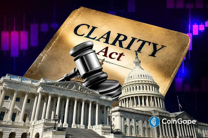 A judge's gavel rests atop a parchment labeled "CLARITY Act" in front of the U.S. Capitol building, symbolizing the legislative uncertainty surrounding the crypto bill. The image visually reinforces the news of the CLARITY Act delay, which has reportedly pushed Polymarket odds of its 2026 passage down to 31%.