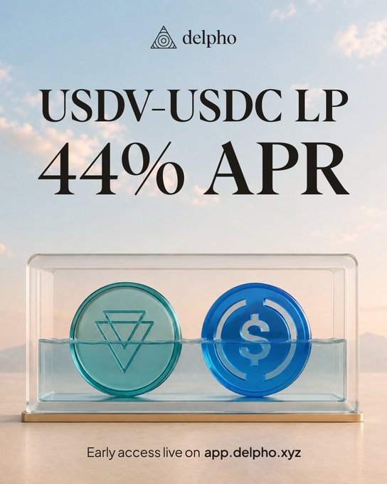 A promotional graphic for Delpho featuring a glass display with USDV and USDC tokens, advertising "USDV-USDC LP 44% APR" with early access via app.delpho.xyz, highlighting the high-yield liquidity pool offering referenced in the post.