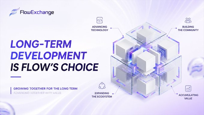 A FlowExchange promotional graphic titled "LONG-TERM DEVELOPMENT IS FLOW'S CHOICE" with the tagline "GROWING TOGETHER FOR THE LONG TERM, ADVANCING TOGETHER WITH VALUE," featuring a 3D cube illustration surrounded by four pillars: "Advancing Technology," "Building the Community," "Expanding the Ecosystem," and "Accumulating Value." The image visually reinforces the post's message about FLOW's commitment to sustained growth, technological progress, and long-term value creation beyond market cycles.