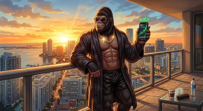 A digital illustration of a muscular gorilla wearing sunglasses, a gold chain, and a robe, standing on a high-rise balcony at sunset and holding up a smartphone displaying a BTC price chart.