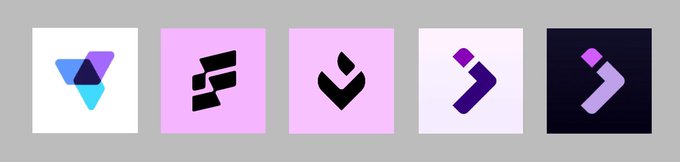Five digital icons or logos are displayed in a row, including a colorful triangle, a stack of shapes, a checkmark, and two purple arrows.