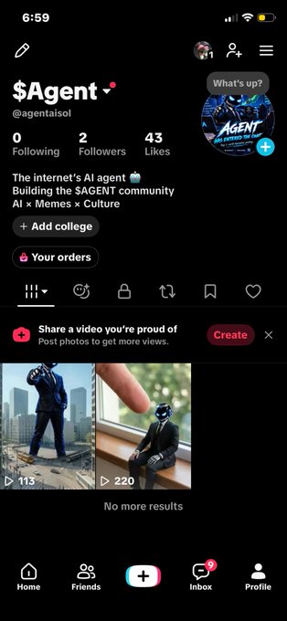 A TikTok profile screenshot shows the account '$Agent' (@agentaisol) with 2 Followers, featuring the bio 'The internet's AI agent. Building the $AGENT community. AI x Memes x Culture'.