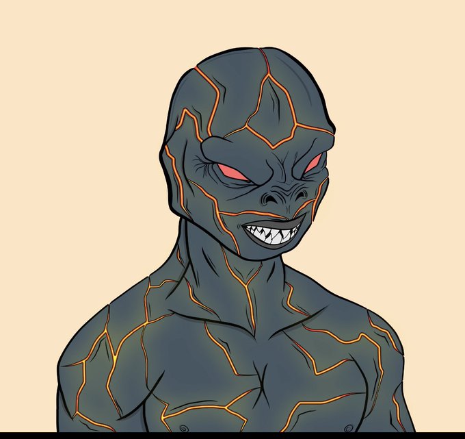 An illustrated character with dark skin, glowing red eyes, sharp teeth, and orange lava-like cracks across its body against a beige background.