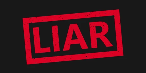 A red stamp-style graphic on a black background displaying the word 'LIAR' in bold capital letters.
