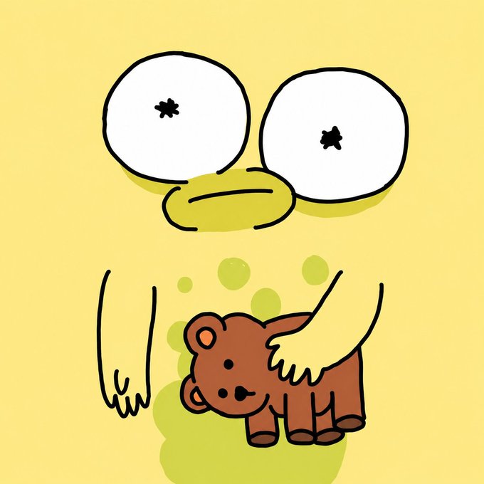 A cartoon illustration of Homer Simpson with comically large, shocked eyes and drooping arms, holding a small brown teddy bear against a yellow background.