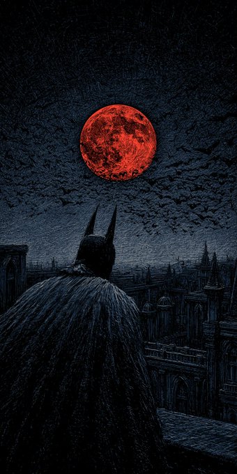 A dark illustration of a caped figure with pointed ears looking out over a gothic cityscape at a blood red moon.